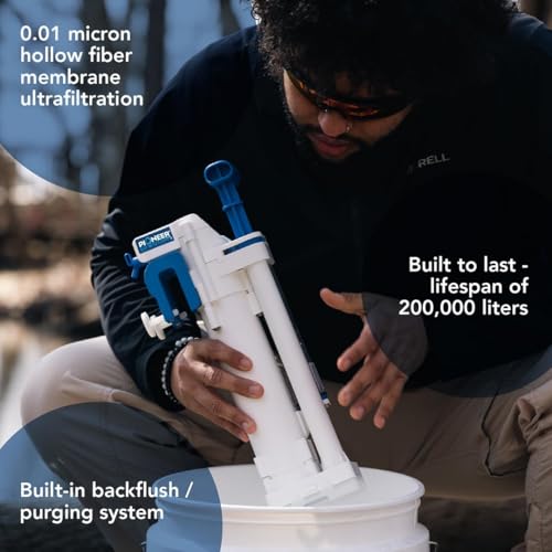 Outdoor Water Filtration System. Bucket Pump Purifier Produces Clean Water for Backpacking