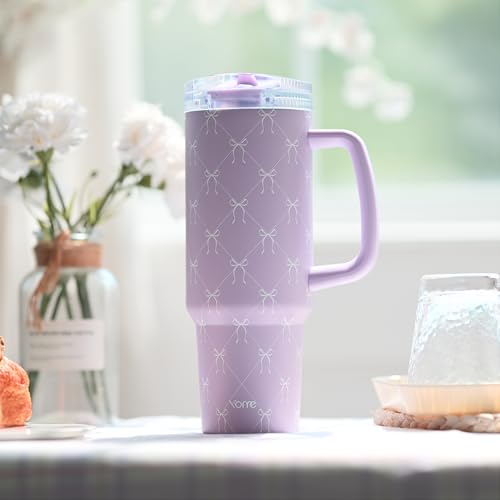DetaClean 40oz Elegant Purple Bow Tumbler with Handle and Flip Straw for Women