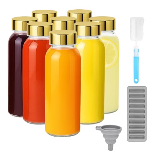 10.5 oz Glass Juice Bottles with Stainless Steel Gold Lid Leak Proof (8 Count)