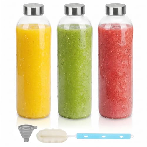 32 oz Large Glass Juice Bottles with Stainless Steel Lids Leak Proof (3 Count)