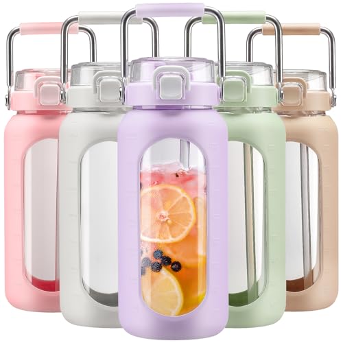 64oz Water Bottle Glass with Stainless Steel Handle Large Water Bottle with Time Markers and Silicone Sleeve Half Gallon Water Jug BPA Free for Gym Daily Use
