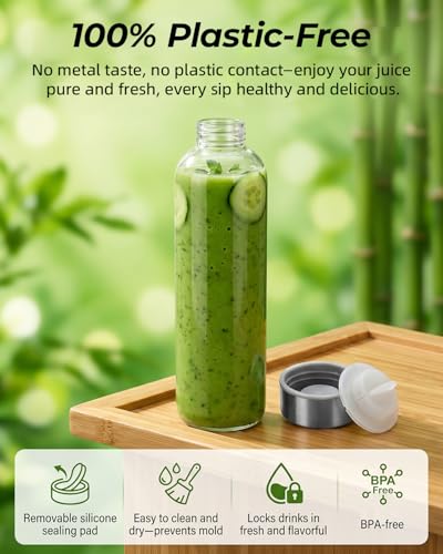 32 oz Large Glass Juice Bottles with Stainless Steel Lids Leak Proof (3 Count)