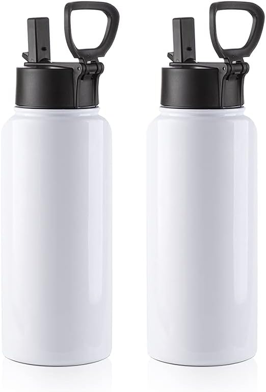 PYD Life 2 Pack Sublimation Blank Tumbler 32 OZ White Vacuum Flask Stainless Steel Sports Wide Mouth Water Bottle with Straw and Portable Handle
