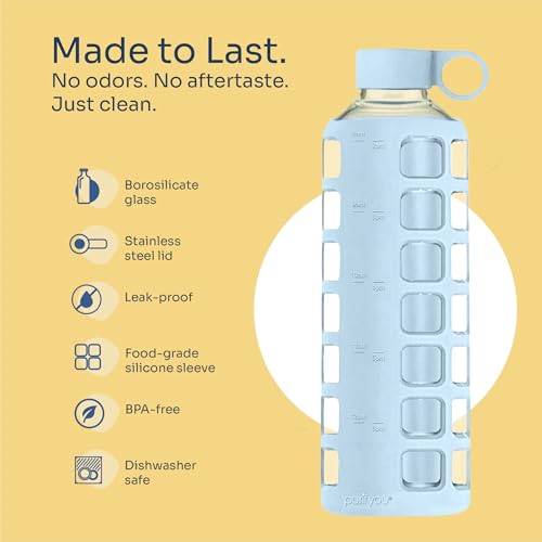 40oz / 32oz / 22oz / 12oz Borosilicate Glass Water Bottle with Time & Volume Markers, Silicone Sleeve, Stainless Steel Lid | Reusable Glass Bottle for Water & Juice (40oz Ice Blue)