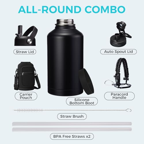 64 oz Insulated Water Bottle with Straw & Auto Spout Lids (9 Count)