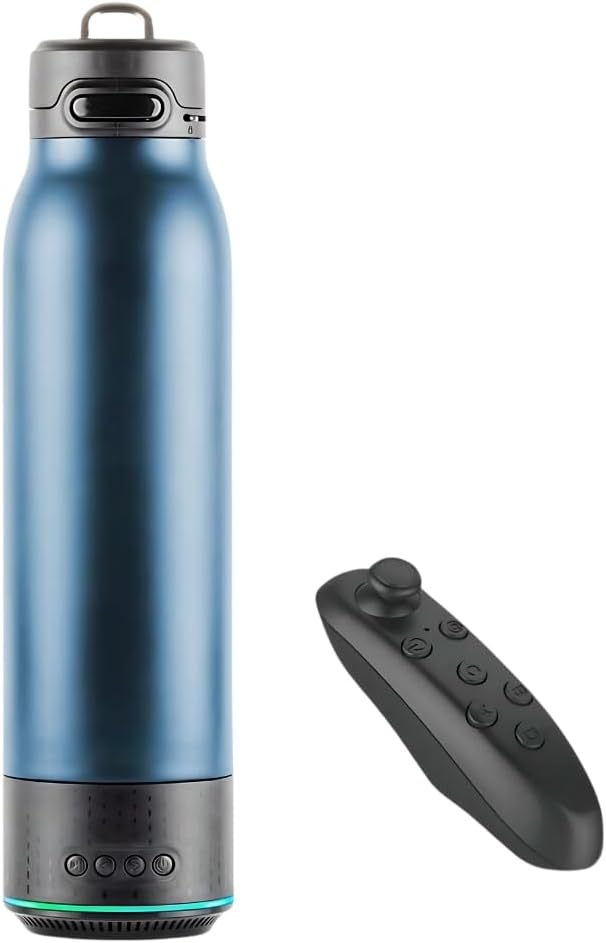 Vacuum Insulated Premium Water Bottle with Rechargeable Bluetooth Speaker and Xtreme Mini Bluetooth Remote. Remote Doubles as Gaming Joystick/Mouse for Smartphone Apps. (Navy)