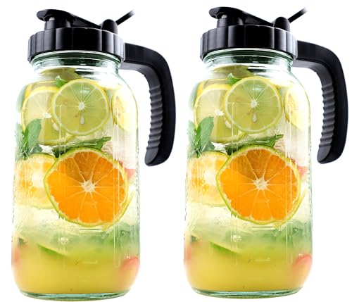 Mason Jar Pitcher 64 Oz 2 Set Sun Tea Glass Jar With Spout 2 Quart Wide Mouth Half Gallon Pitcher For Cold Brew (2 Count)