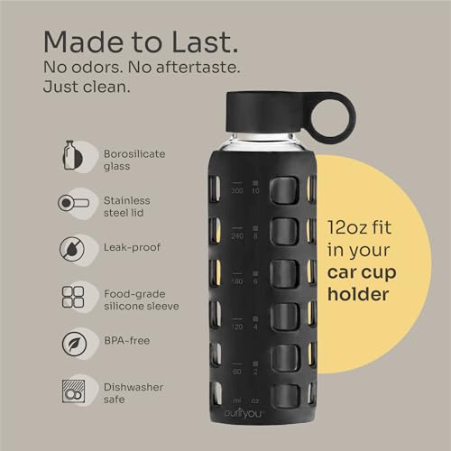 40oz / 32oz / 22oz / 12oz Borosilicate Glass Water Bottle with Time & Volume Markers, Silicone Sleeve, Stainless Steel Lid | Reusable Glass Bottle for Water & Juice (12oz Jet Black)