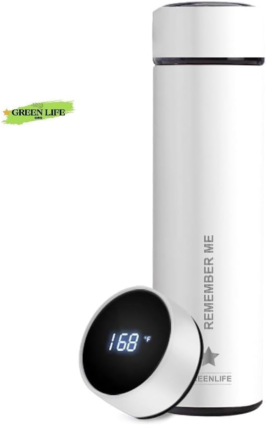 GreenLife Smart Water Bottle with LED Temperature Display, Thermostat Double Wall Vacuum Insulated Water Bottle, Cold 36 Hrs, Hot 24 Hrs, BPA-Free, Leak Proof, for Travel & Outdoor (White).