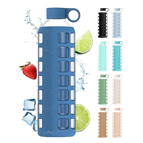 40oz / 32oz / 22oz / 12oz Borosilicate Glass Water Bottle with Time & Volume Markers, Silicone Sleeve, Stainless Steel Lid – Reusable Glass Bottle for Water & Juice (32oz Chinese Porcelain)