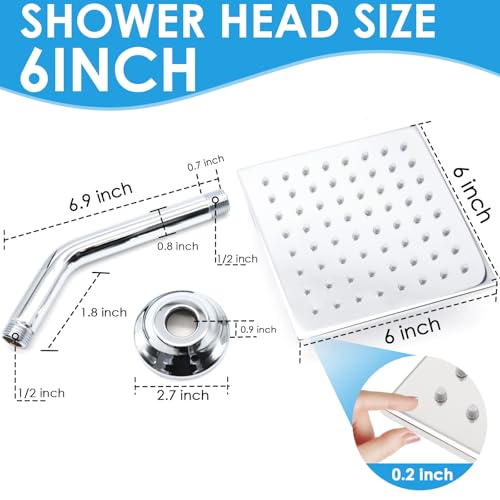 6 Inch Square Shower Head Stainless Steel High Pressure Rain Shower Heads with Extension Arm Adjustable Angle Replacement Luxury Shower Head for Modern Bathroom