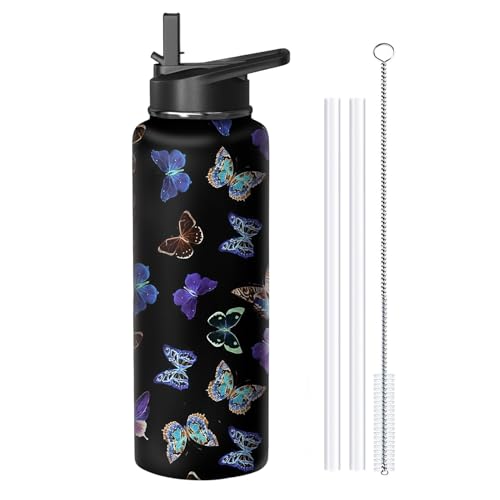 40oz Butterfly Water Bottle with Handle and Flip Straw