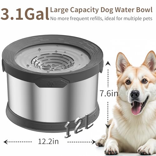 12L Dog Water Bowl No Spill 3.1 Gallon Super Large Capacity Stainless Steel No Splash Dog Bowls 405oz Slow Drinking Feeder with Non