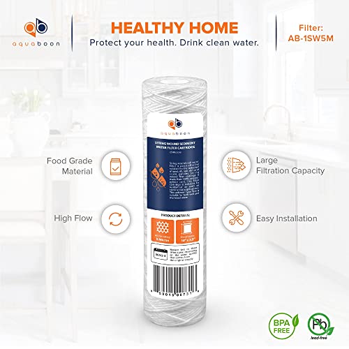 Whole House 5 Micron 10 x 2.5 String Wound Sediment Water Filter Cartridge Replacement Compatible with Well Water Filter WHKF (6 Count)