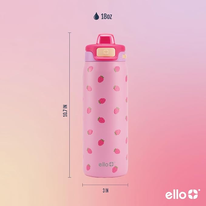 Ello Pop & Fill 18oz Stainless Steel Kids Water Bottle with Quick Fill Lid | Vacuum Insulated BPA Free Bottle with Leak Proof Straw and Chug Lid, Dishwasher Safe, Gift For Kids Teens, Strawberries