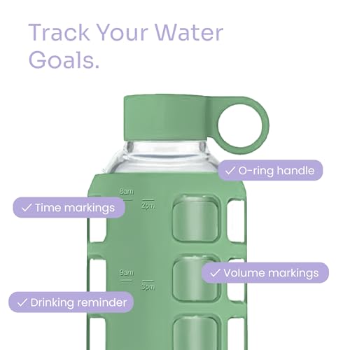 40oz / 32oz / 22oz / 12oz Borosilicate Glass Water Bottle with Time & Volume Markers, Silicone Sleeve, Stainless Steel Lid | Reusable Glass Bottle for Water & Juice (32oz Shale Green)