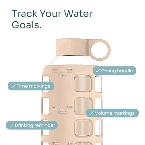 40oz / 32oz / 22oz / 12oz Borosilicate Glass Water Bottle with Time & Volume Markers, Silicone Sleeve, Stainless Steel Lid | Reusable Glass Bottle for Water & Juice (22oz Hazelnut)