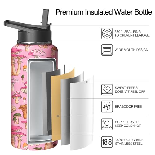 32oz Mushroom Water Bottle with Handle and Flip Straw