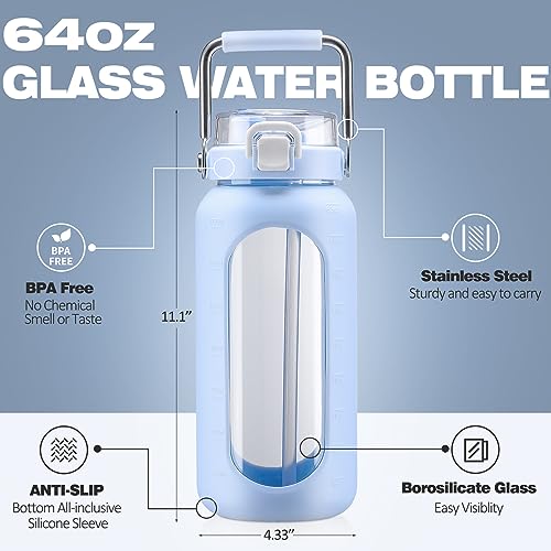 64oz Water Bottle Glass with Stainless Steel Handle Large Water Bottle with Time Markers and Silicone Sleeve Half Gallon Water Jug BPA Free for Gym Daily Use