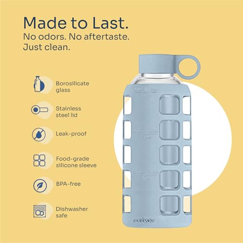 40oz / 32oz / 22oz / 12oz Borosilicate Glass Water Bottle with Time & Volume Markers, Silicone Sleeve, Stainless Steel Lid | Reusable Glass Bottle for Water & Juice (22oz Ice Blue)