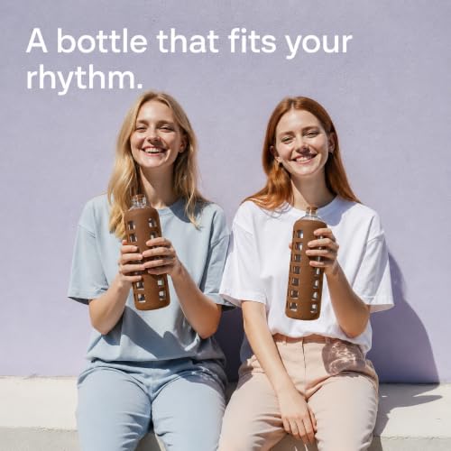40oz / 32oz / 22oz / 12oz Borosilicate Glass Water Bottle with Time & Volume Markers, Silicone Sleeve, Stainless Steel Lid – Reusable Glass Bottle for Water & Juice (32oz Earth Brown)