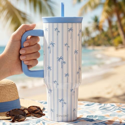 Palm Tree Stainless Steel Locking Lid Silicone Straw Tumbler with Handle 40oz