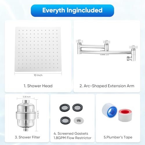 8 Inch Rain Shower Head with 16 Inch Extension Arm for Hard Water
