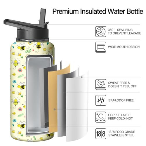 32oz Bee Water Bottle with Handle and Flip Straw