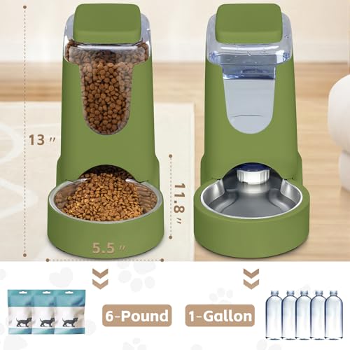 Portable Automatic Cat Feeder and Water Dispenser with Stainless Steel Bowl Dog Gravity Food Feeder and Waterer for Small Medium Pets Puppy Kitten 1 Gallon x 2