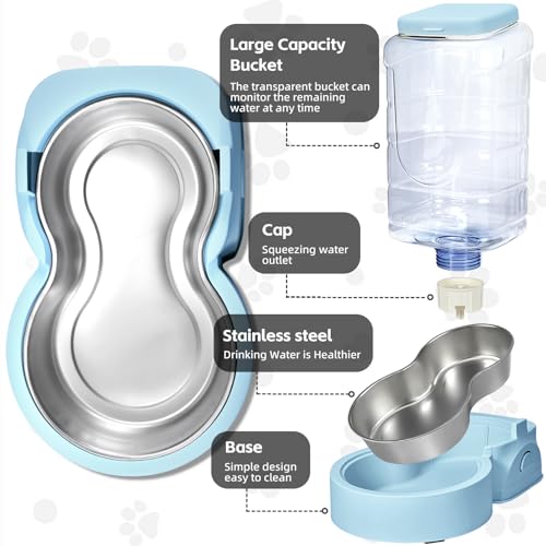 Portable Automatic Cat Feeder and Water Dispenser with Stainless Steel Bowl Dog Gravity Food Feeder and Waterer for Small Medium Pets Puppy Kitten 1 Gallon x 2