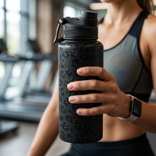 Black Leopard Skin Stainless Steel Water Bottle with Strap 32oz
