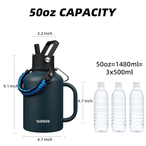 50oz Insulated Water Bottle with Straw Lid Stainless Steel Water Jug