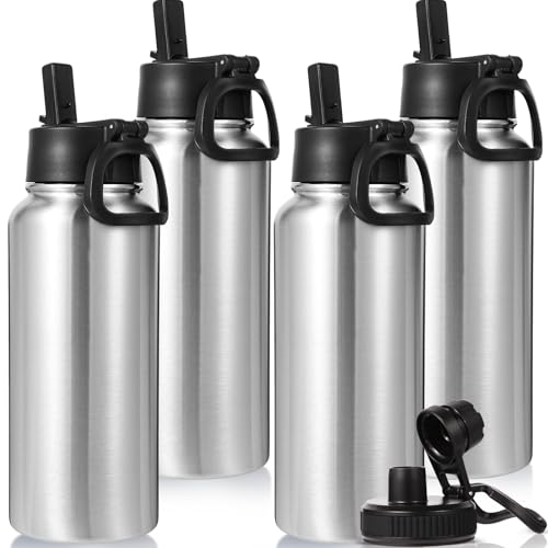 32 oz Insulated Water Bottles Bulk with 2 Lids (4 Count)