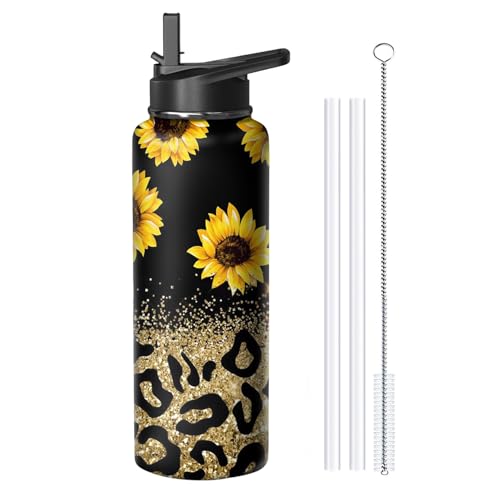 40oz Leopard Sunflower Water Bottle with Handle and Flip Straw