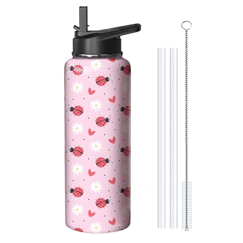 40oz Ladybug Water Bottle with Handle and Flip Straw
