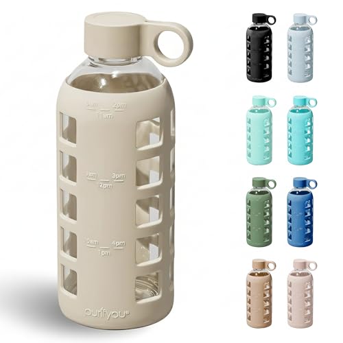 40oz / 32oz / 22oz / 12oz Borosilicate Glass Water Bottle with Time & Volume Markers, Silicone Sleeve, Stainless Steel Lid | Reusable Glass Bottle for Water & Juice (22oz Pearled Ivory)