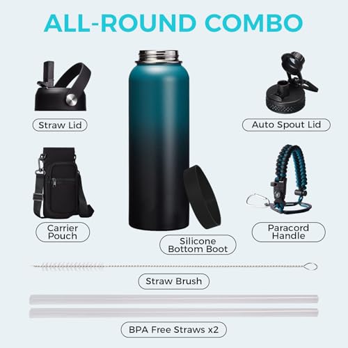 32/40/64OZ Insulated Water Bottle - Keep Cold 48H Hot 24H, Combo Straw/Spout Lids, Paracord Handle for Gym/Hiking, Carrier Bag +Strap, Cup Mat, BPA-Free Stainless Steel Flask Jug (40 Count)