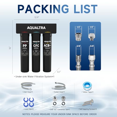 USF-3B-15 Slightly Alkaline Under Sink Water Filter System, 8K-40K Gal, Reduce PFOA, PFOS, Chlorine, Lead, Mercury, Chloramine, Fluoride, Microplastics Particles, Bad Taste & Odor
