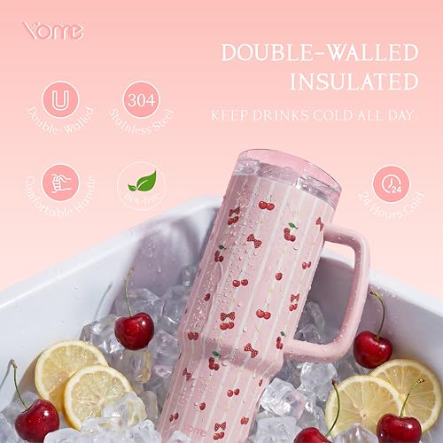 DetaClean 40oz Stripe Cherry Pink Tumbler with Handle and Flip Straw for Women