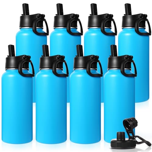 32 oz Insulated Water Bottles Bulk with 2 Lids (8 Count)