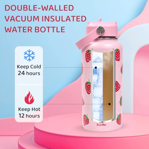 32oz Strawberry Insulated Water Bottle for Women with Straw