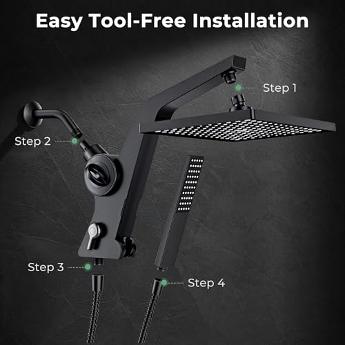 Filtered Rain Shower Head with Handheld Combo High Pressure 12'' Rainfall Shower Heads & Hidden Detachable Wand Dual Showerhead Water Softener for Hard Water Easy Filter Replacement
