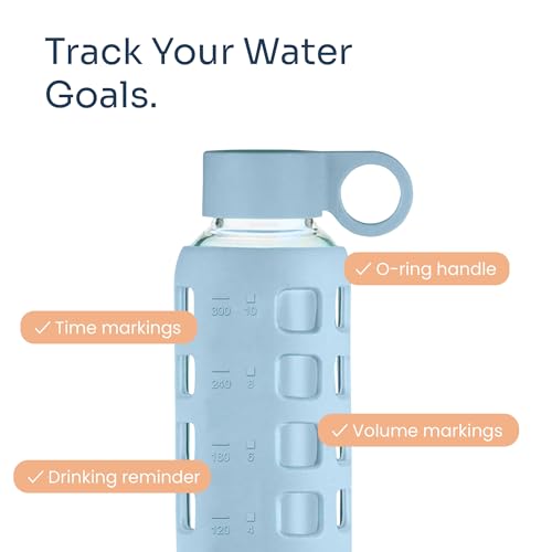 40oz / 32oz / 22oz / 12oz Borosilicate Glass Water Bottle with Time & Volume Markers, Silicone Sleeve, Stainless Steel Lid | Reusable Glass Bottle for Water & Juice (12oz Ice Blue)
