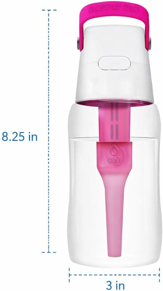 Dafi Filtered Water Bottle with Straw 17 oz - Sports Water Bottle Reusable with Carbon Filter for Gym, Travel, Daily Use - Leakproof, BPA-Free with Hypoallergenic Mouthpiece & Carrying Handle - Pink