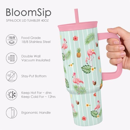 Tropical Stainless Steel Locking Lid Silicone Straw Tumbler with Handle 40oz