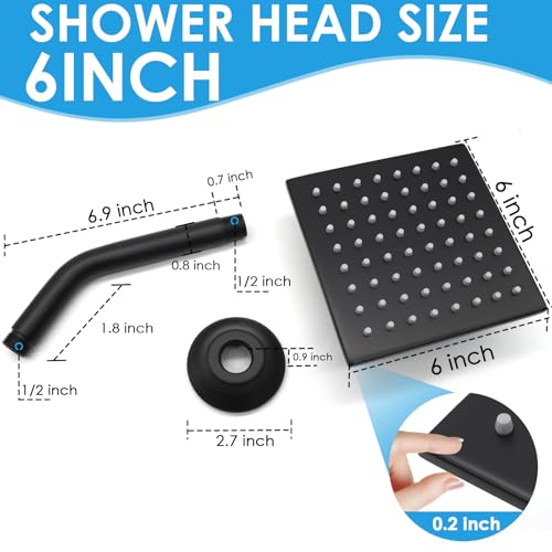 6 Inch Square Shower Head Black Stainless Steel High Pressure Rain Shower Heads with Extension Arm Adjustable Angle Replacement Shower Head for Modern Bathroom