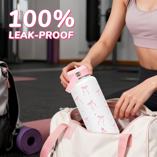 32oz Pink Bow Gift Insulated Water Bottle for Women with Straw