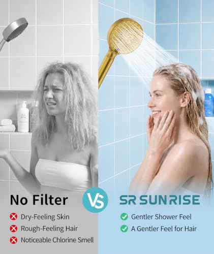 Filtered Shower Head with Handheld High Pressure 9 Spray Mode Showerhead Detachable Shower Head Water Softener Filters Beads for Hard Water Remove Chlorine 4 Filters Brushed Gold