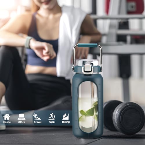 64oz Water Bottle Glass with Stainless Steel Handle Large Water Bottle with Time Markers and Silicone Sleeve Half Gallon Water Jug BPA Free for Gym Daily Use