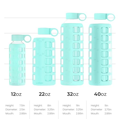 40oz / 32oz / 22oz / 12oz Borosilicate Glass Water Bottle with Time & Volume Markers, Silicone Sleeve, Stainless Steel Lid | Reusable Glass Bottle for Water & Juice (22oz Glow-in-the-Dark) (4 Count)
